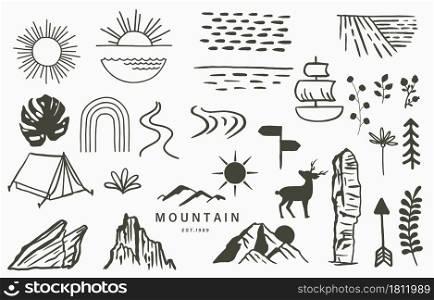 Black line natural with mountain,river,tree,sun,tent,deer