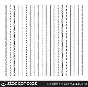 Black lines of chain flat illustration set. Chain link and border pattern brush on white background isolated vector collection. Connection and fashion design elements concept