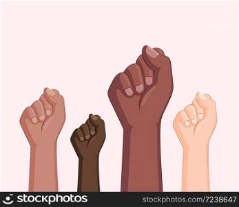 Black lives matter banner design with fists. Black and white hands together concept. Campaign against racial discrimination of dark skin color. Vector Illustration.