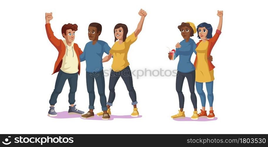 Black lives matter, forever best friends, friendship and love concept with multiracial young people with raised fists hugging. Happy male and female characters embracing, Cartoon vector illustration. Black lives matter forever best friends friendship
