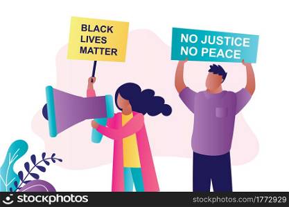 Black Lives Matter movement. African american people hold placards with slogans. Protesters with loudspeaker and boards. Characters in trendy stle. Flat vector illustration. Black Lives Matter movement. African american people hold placards with slogans. Protesters with loudspeaker and boards.