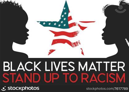 Black Lives Matter. Young African Americans: man and woman against racism. Black citizens are fighting for equality. The social problems of racism. Vector illustration, banner on light background.. Black Lives Matter. Young African Americans: man and woman against racism. Black citizens are fighting for equality. The social problems of racism. Vector illustration.