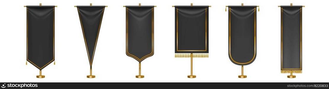 Black long pennant flags with golden tassel fringe and borders isolated on white background. Vector realistic template of blank textile pennons different shapes on gold pillars. Black long pennant flags with golden tassel fringe