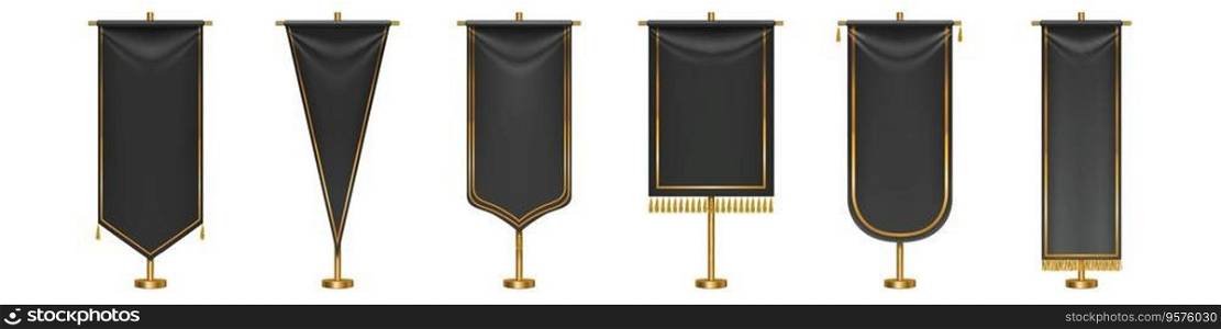 Black long pennant flags with golden tassel fringe vector image