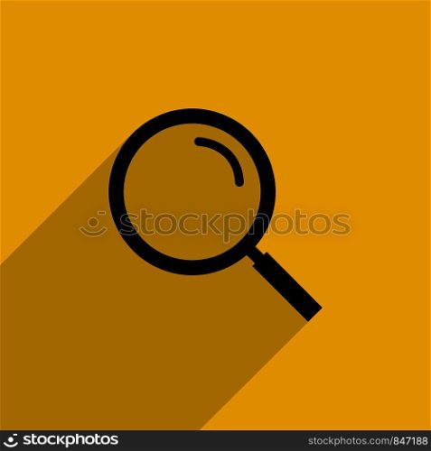 Black magnifying glass with shadow in flat style, vector icon on yellow background. Eps10. Black magnifying glass with shadow in flat style, vector icon on yellow background