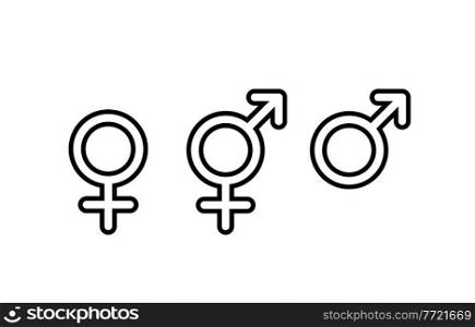 Black Male and female sign. Circle with an arrow and cross down. Belonging to the masculine or female gender. Vector Illustration