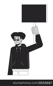 Black male demonstrator with banner flat line black white vector character. Peaceful protest. Editable outline half body person. Simple cartoon isolated spot illustration for web graphic design. Black male demonstrator with banner flat line black white vector character