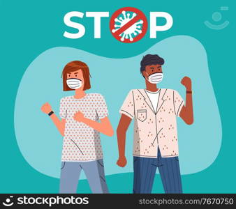 Black man and caucasian woman protesting against coronavirus. People in medical masks call to fight with epidemic, show stop gesture and protesting against covid-19. Crossed out sign with virus. Black man with caucasian woman in medical masks call to fight with virus, stop crossed out sign