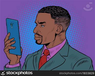 Black man businessman with a smartphone. Pop Art Retro Illustration Kitsch Vintage 50s 60s Style. Black man businessman with a smartphone Pop Art Retro