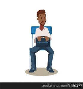 Black Man Employee on Chair Wait for Job Interview. Vacancy. Male Candidate for Employment Sit with Breifcase. Recruitment. Character in Formal Suit. Cartoon Flat Vector Illustration. Black Man Employee on Chair Wait for Job Interview