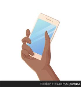 black man hand holding a mobile phone isolated on white background. Digital Devices and Technology concept. Stock vector illustration in realistic cartoon style.. black man hand holding a mobile phone isolated on white background. Digital Devices and Technology concept.