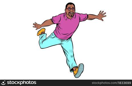 Black man in casual clothes running. Youth and movement. Energetic people pop art Illustration Kitsch Vintage 50s 60s Style. Black man in casual clothes running. Youth and movement. Energetic people