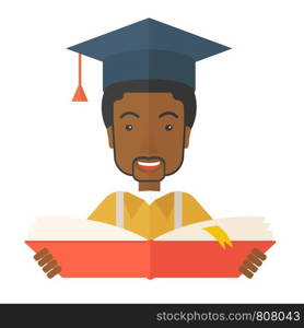 Black Man reading a book, wearing graduation cap, representing to be graduated in studying or finished school or university. A Contemporary style. Vector flat design illustration isolated white background. Square layout.. Black man with graduation cap.