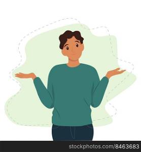 Black man shrugging with a curious expression, doubt or question, vector illustration in flat style