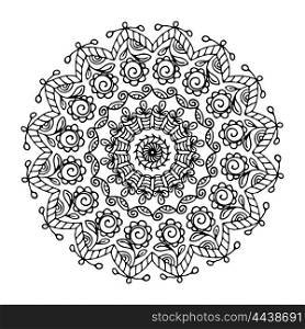 Black mandala handmade a white background. Illustration Abstract floral rosettes. Sign tattoos. Stock vector