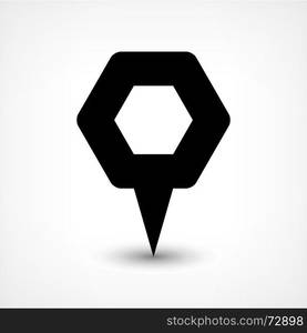 Black map pin flat location sign hexagon icon. Map pin location sign rounded hexagon icon in flat style. Simple black shapes with gray gradient oval shadow on white background. This web design element vector illustration save in 8 eps