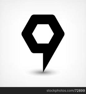 Black map pin flat location sign hexagon icon. Map pin location sign rounded hexagon icon in flat style. Simple black shapes with gray gradient oval shadow on white background. This web design element vector illustration save in 8 eps