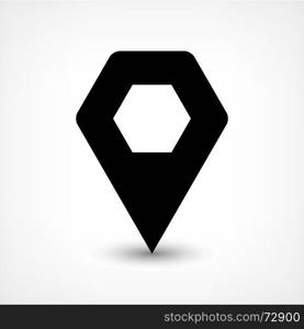 Black map pin flat location sign hexagon icon. Map pin location sign rounded hexagon icon in flat style. Simple black shapes with gray gradient oval shadow on white background. This web design element vector illustration save in 8 eps