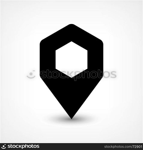 Black map pin flat location sign hexagon icon. Map pin location sign rounded hexagon icon in flat style. Simple black shapes with gray gradient oval shadow on white background. This web design element vector illustration save in 8 eps