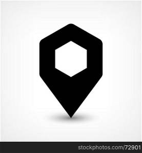 Black map pin flat location sign hexagon icon. Map pin location sign rounded hexagon icon in flat style. Simple black shapes with gray gradient oval shadow on white background. This web design element vector illustration save in 8 eps