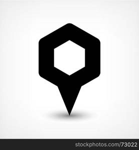 Black map pin flat location sign hexagon icon. Map pin location sign rounded hexagon icon in flat style. Simple black shapes with gray gradient oval shadow on white background. This web design element vector illustration save in 8 eps