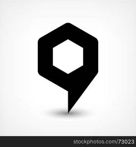 Black map pin flat location sign hexagon icon. Map pin location sign rounded hexagon icon in flat style. Simple black shapes with gray gradient oval shadow on white background. This web design element vector illustration save in 8 eps