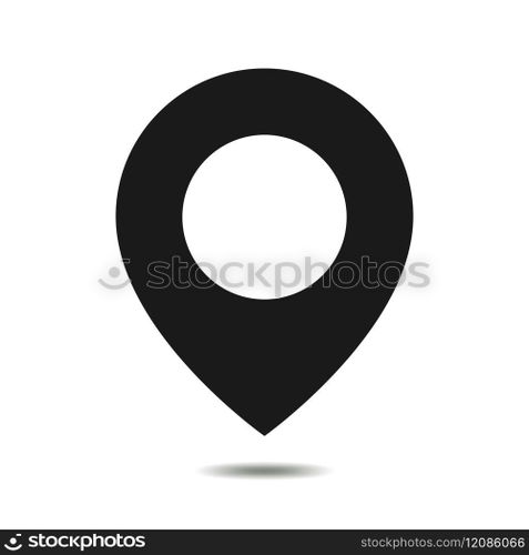 Black map pointer - vector illustration. Map pointer icon on white background. Illustration of black navigation marker with shadow.. Black map pointer - vector illustration.