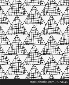 Black marker hatched triangles.Free hand drawn with ink brush seamless background. Abstract texture. Modern irregular tilable design.