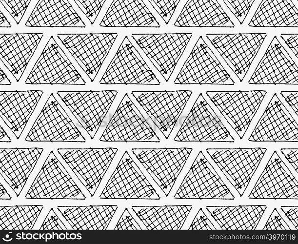 Black marker hatched triangles in row.Free hand drawn with ink brush seamless background. Abstract texture. Modern irregular tilable design.