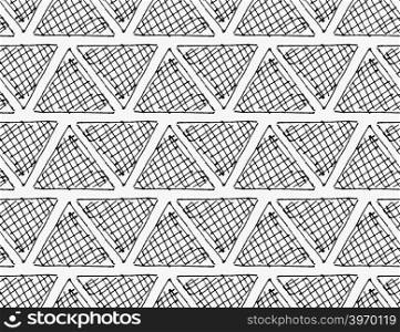 Black marker hatched triangles in row.Free hand drawn with ink brush seamless background. Abstract texture. Modern irregular tilable design.