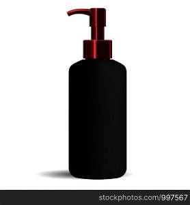 Black matt cleanser dispenser pump bottle with glossy red lid. Cosmetic package mockup. Vector illustration design template.. Black matt cleanser dispenser pump bottle