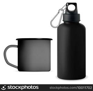 Black metal sport water bottle. Reusable c&ing cup moockup. Outdoor fitness thermo bottle, reusable tin template. Enamel mug retro design, realistic c&ing product package. Black sport water bottle. Reusable c&ing cup