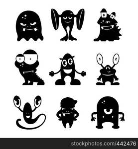 Black monsters silhouettes. Vector set of monochrome characters illustration flat. Black monsters silhouettes. Vector set