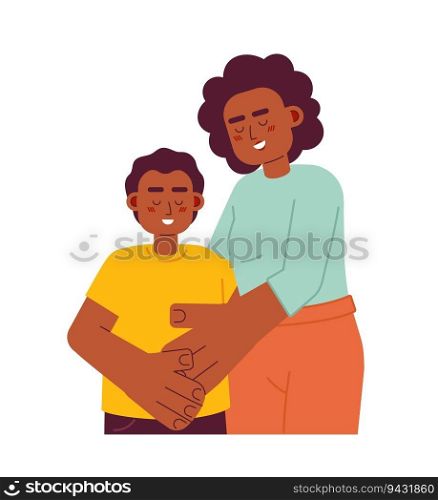 Black mother hugging preteen son semi flat color vector characters. Gentle parenting. Affectionate mom. Editable half body people on white. Simple cartoon spot illustration for web graphic design. Black mother hugging preteen son semi flat color vector characters