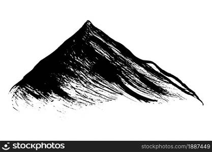 Black mountain hand-drawn in black ink. Vector illustration of a sharp mountain with brush strokes isolated on white
