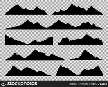 Black mountains silhouettes. Ranges skyline, high mountain hike landscape, alpine peaks. Extreme hiking vector nature border shape drawing hills set. Black mountains silhouettes. Ranges skyline, high mountain hike landscape, alpine peaks. Extreme hiking vector nature border set