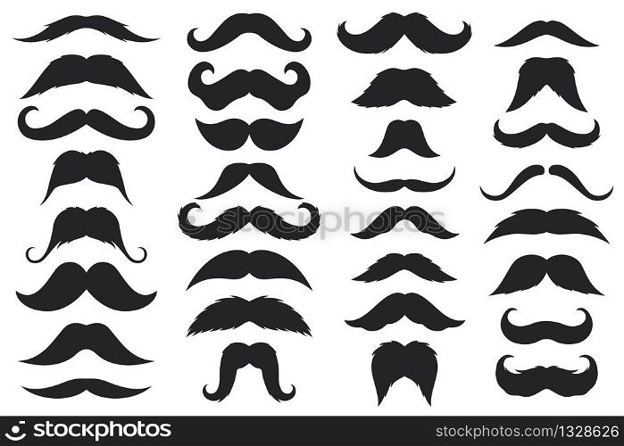 Black moustaches. Mustache silhouettes, hipster and gentleman style elegance design, barbershop facial, male face accessory vector icons. Black moustaches. Mustache silhouettes, hipster and gentleman style elegance design, barbershop facial, face accessory vector icons