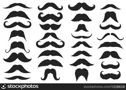 Black moustaches. Mustache silhouettes, hipster and gentleman style elegance design, barbershop facial, male face accessory vector icons. Black moustaches. Mustache silhouettes, hipster and gentleman style elegance design, barbershop facial, face accessory vector icons