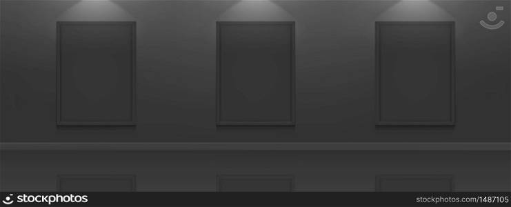 Black movie posters mockup. Blank picture frames on dark wall background in cinema, theater, museum or gallery interior. Empty advertising banners with border and backlight realistic 3d vector mock up. Black movie posters mockup. White picture frames