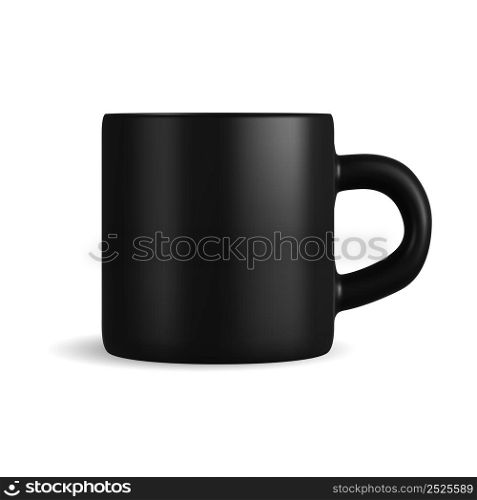 Black mug. Isolated vector coffee cup mockup template. Ceramic tea mug with handle for corporate branding, logo design. Matt glass blank, front preview. Giveaways merchandise porcelain. Black mug. Isolated vector coffee cup mockup template
