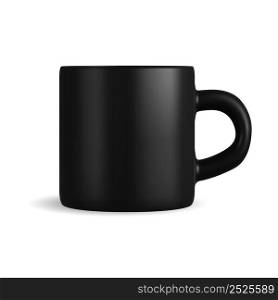 Black mug. Isolated vector coffee cup mockup template. Ceramic tea mug with handle for corporate branding, logo design. Matt glass blank, front preview. Giveaways merchandise porcelain. Black mug. Isolated vector coffee cup mockup template
