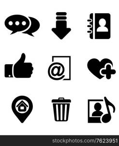 Black multimedia icons set with chat, download, notebook, like, e-mail, home, favorite, media and bin symbols