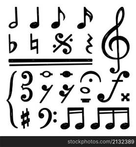 Black music notes. Doodle note, musical key or clef. Tune or song elements, sketch symphony. Isolated art drawing for play on instruments, swanky vector set. Illustration of music key and musical clef. Black music notes. Doodle note, musical key or clef. Tune or song elements, sketch symphony. Isolated art drawing for play on instruments, swanky vector set