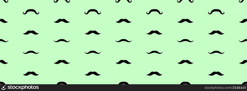 Black mustache in different styles on a green background. Seamless pattern.