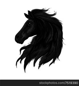 Black noble horse profile portrait. Raven stallion with long heavy wavy mane and thoughtful shiny eyes. Black noble horse profile portrait