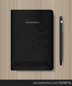 Black notebook and metallic pencil on wood background. Vector illustration.