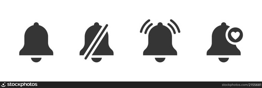 Black notification bell icons. Incoming inbox message icons. Reminder icons. Vector icons