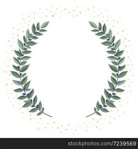 Black olive branches wreath on a white background with golden dust. Frame from olive leaves. Vintage wreath heraldic design element with floral frame made up of olive branches. Vector illustration.. Black olive branches wreath on a white background with golden dust. Frame from olive leaves. Vintage wreath heraldic design element with floral frame made up of olive branches.