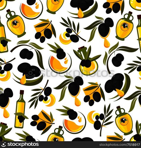 Black olives branches and olive oil seamless pattern background. Vector wallpaper for kitchen decoration, menu, tablecloth, tile. Black olives branches and olive oil background