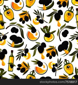 Black olives branches and olive oil seamless pattern background. Vector wallpaper for kitchen decoration, menu, tablecloth, tile. Black olives branches and olive oil background